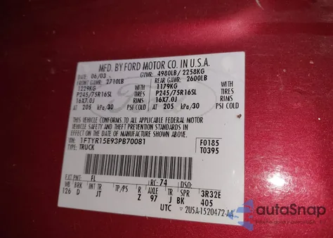 2003 Ford Ranger Xlt из США, поврежденный, VIN 1FTYR15E93PB70081